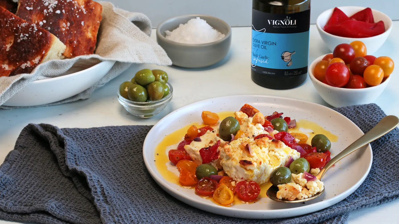 Baked Feta with Roasted Tomatoes, Peppers and Olives