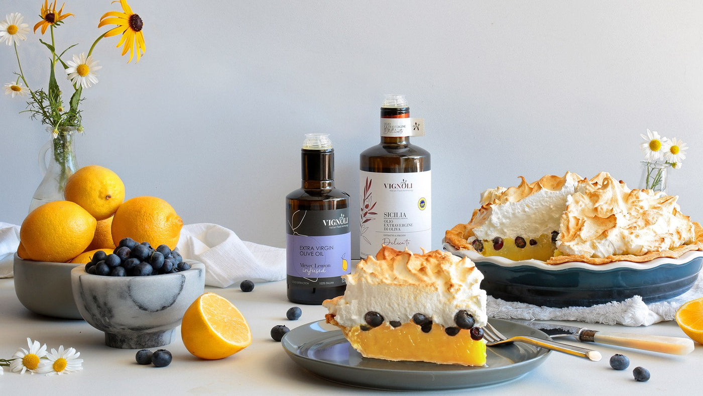 Italian Honey Meyer Lemon + Blueberries Meringue Pie