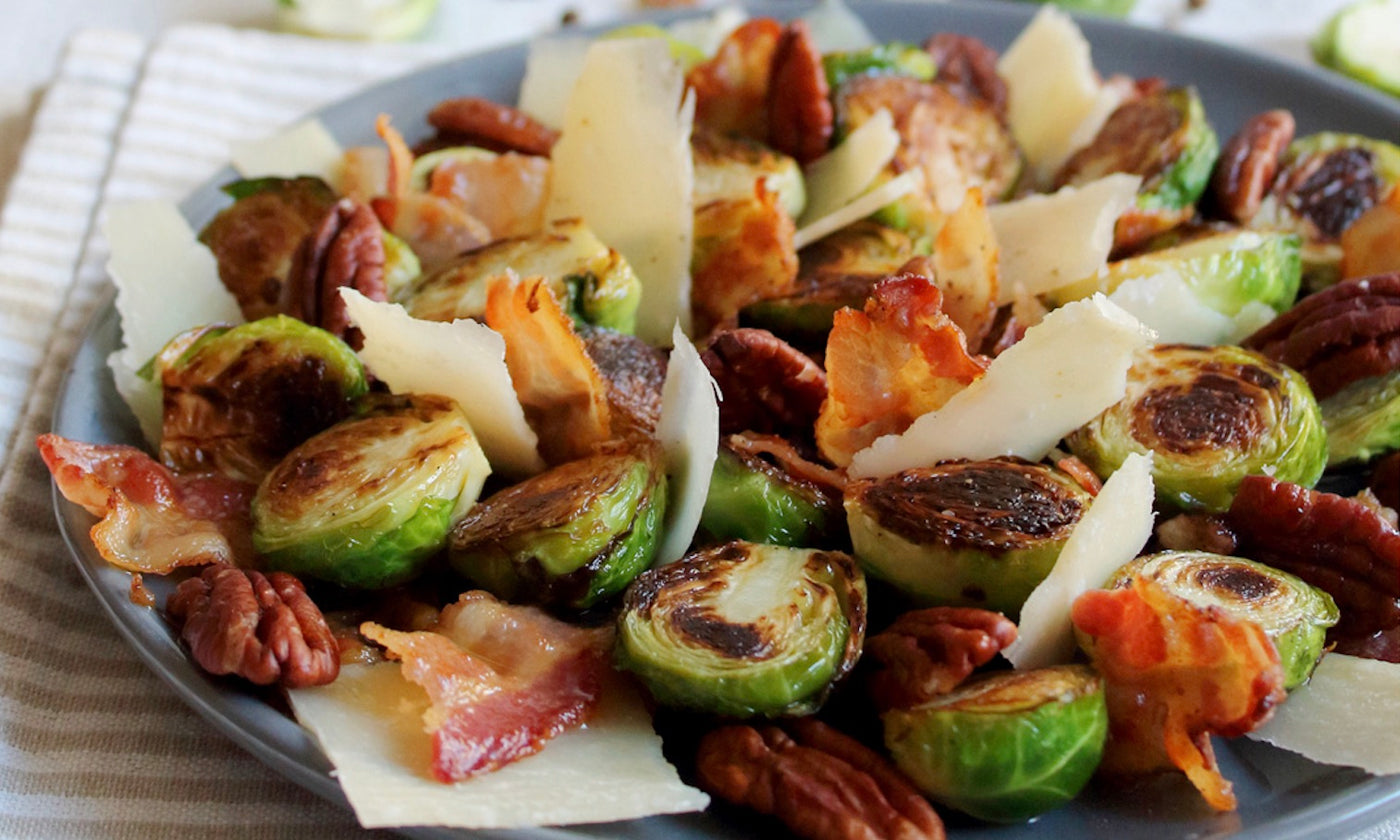 Brussels Sprouts with Garlic, Bacon, Parmesan, and Pecans