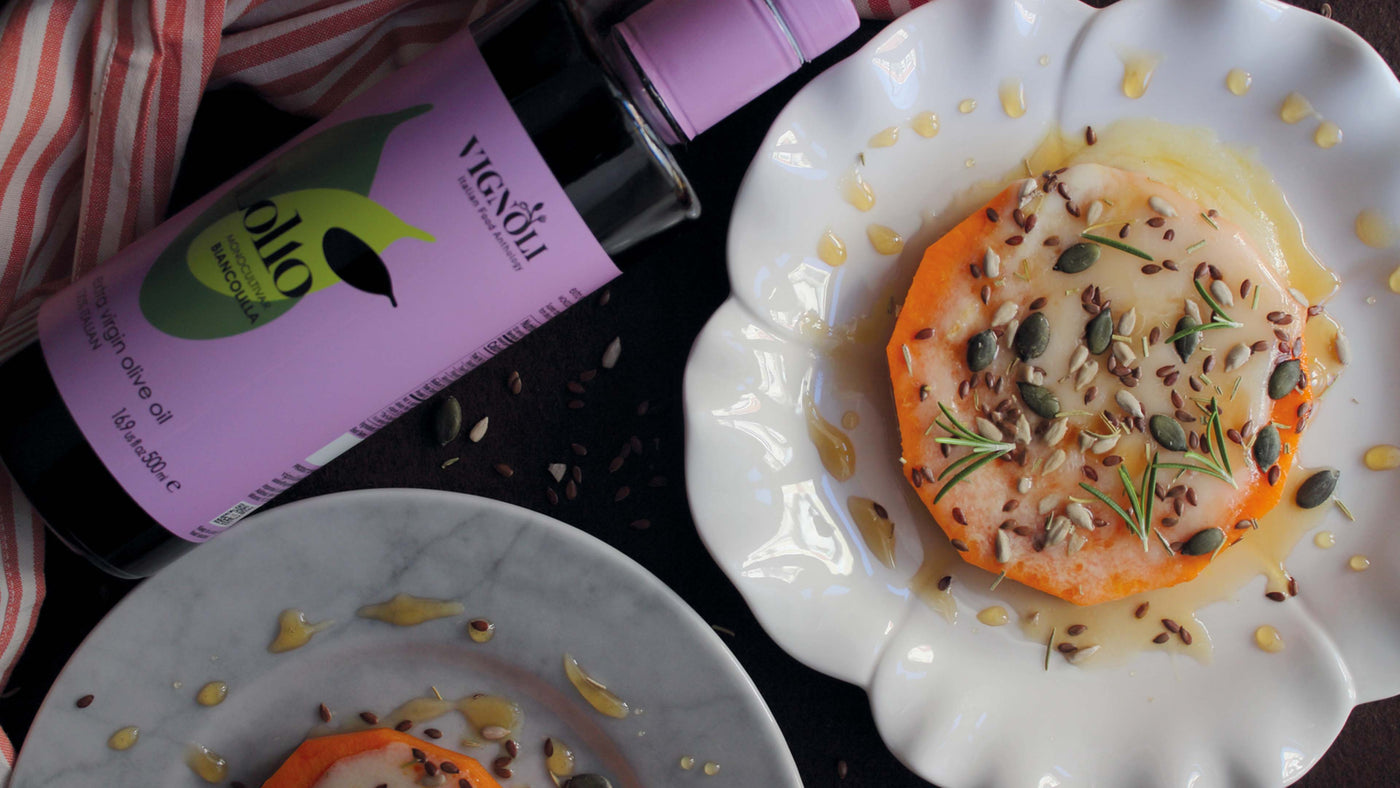 Pumpkin medallions with cheese, honey, and seeds.