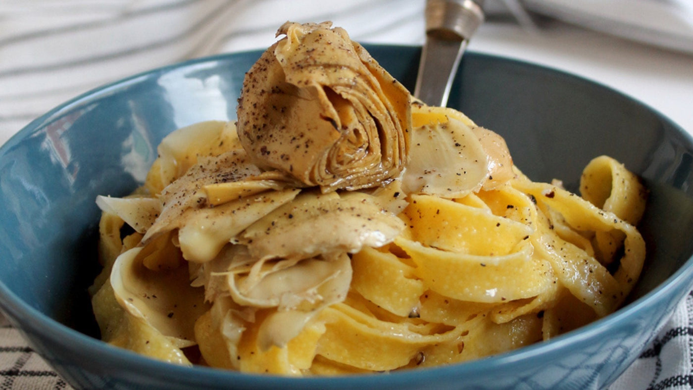 Cacio and pepe Fettuccine with grilled Artichokes