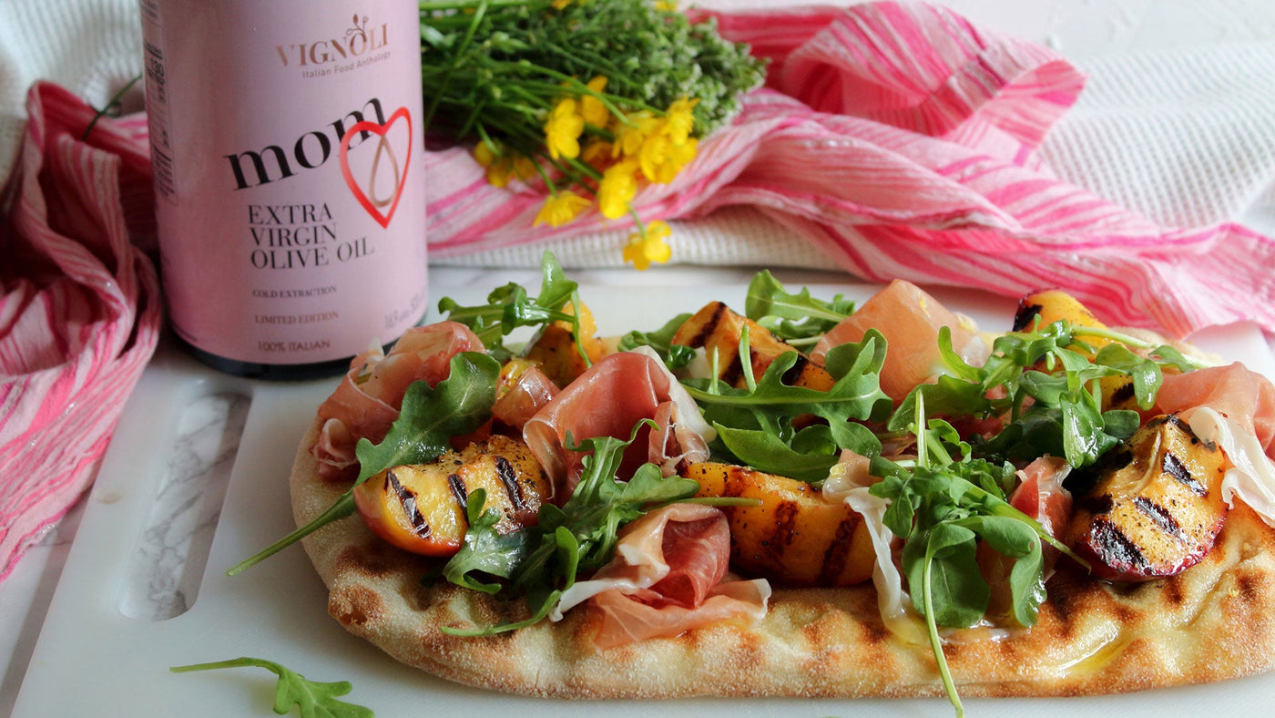 Grilled Peach Flatbread with Arugula and Prosciutto