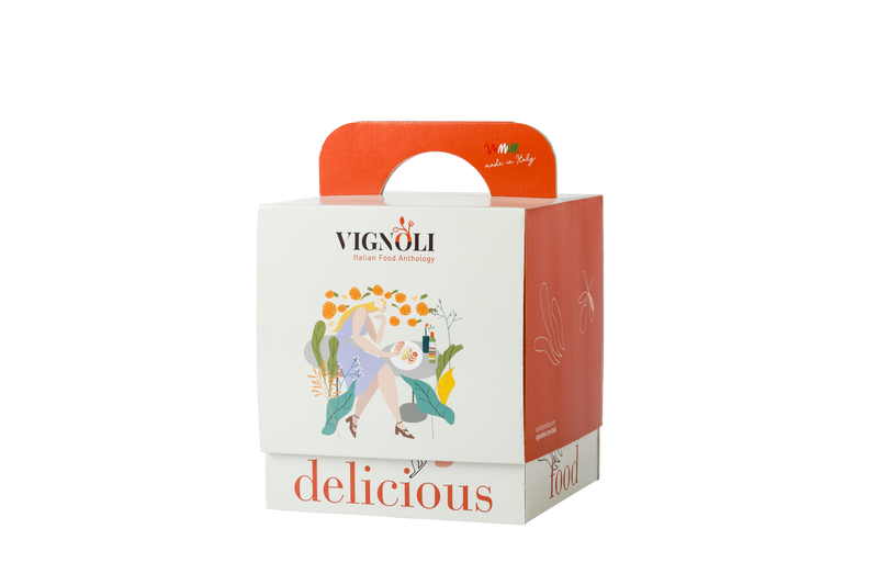 Vignoli SUMMER MEMORIES Serving Set with front view of 2 bottles of infused extra virgin olive oil and 2 bottles of infused balsamic vinegar Modena sealed in packaging set box