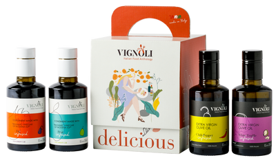 Vignoli SUMMER MEMORIES Serving Set with front view of 2 bottles of infused extra virgin olive oil and 2 bottles of infused balsamic vinegar Modena