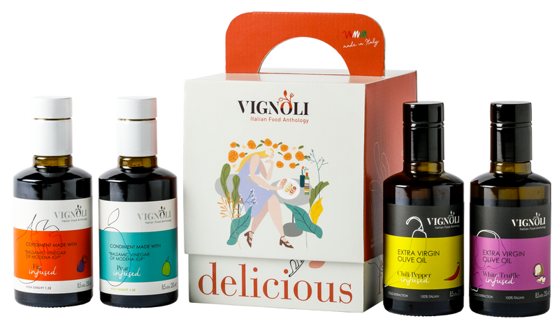 Vignoli SUMMER MEMORIES Serving Set with front view of 2 bottles of infused extra virgin olive oil and 2 bottles of infused balsamic vinegar Modena