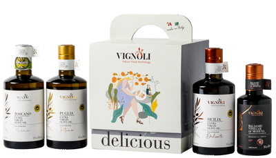 Vignoli PREMIUM Italian Extra Virgin Olive Oil & Balsamic Vinegar Serving Set front of bottles and box