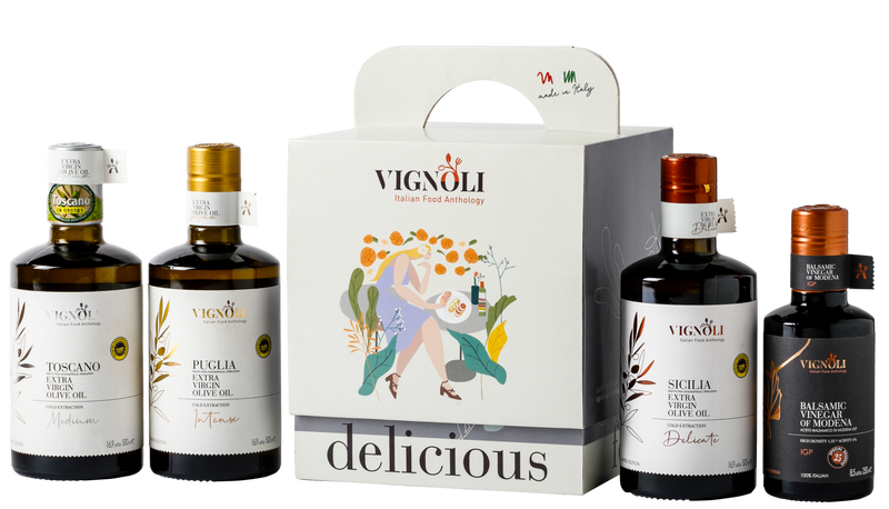 Vignoli PREMIUM Italian Extra Virgin Olive Oil & Balsamic Vinegar Serving Set front of bottles and box