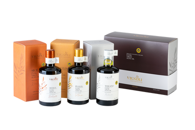 Vignoli IGP Extra Virgin Olive Oil Pack front view of 3 bottles and packaging boxes
