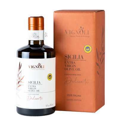 Vignoli Extra Virgin Olive Oil IGP Sicilia - Delicate front of 16.9oz bottle with packaging box
