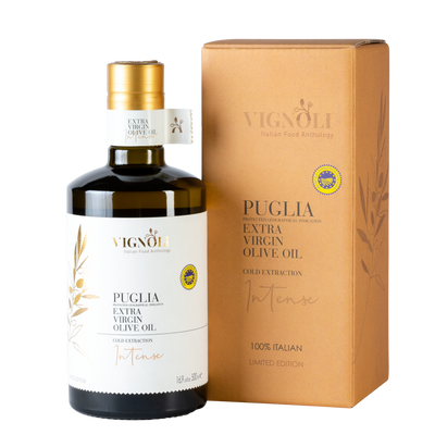 Vignoli Extra Virgin Olive Oil IGP Puglia - Intense front of 16.9oz bottle with packaging box