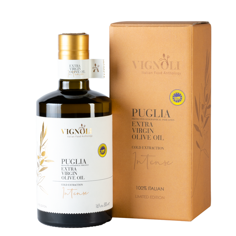 Vignoli Extra Virgin Olive Oil IGP Puglia - Intense front of 16.9oz bottle with packaging box