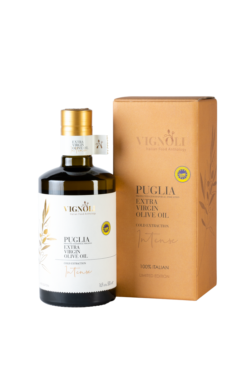 Vignoli IGP Extra Virgin Olive Oil Pack front view of EVOO Puglia and box