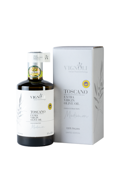 Vignoli IGP Extra Virgin Olive Oil Pack front view of EVOO Toscana and box