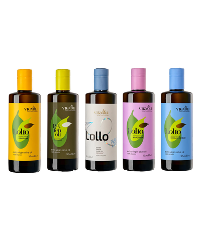 Vignoli Lollo Monocultivar Extra Virgin Olive Oils Set with 5 bottles 16.9oz front view