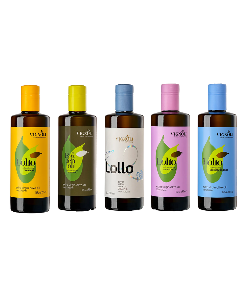 Vignoli Lollo Monocultivar Extra Virgin Olive Oils Set with 5 bottles 16.9oz front view