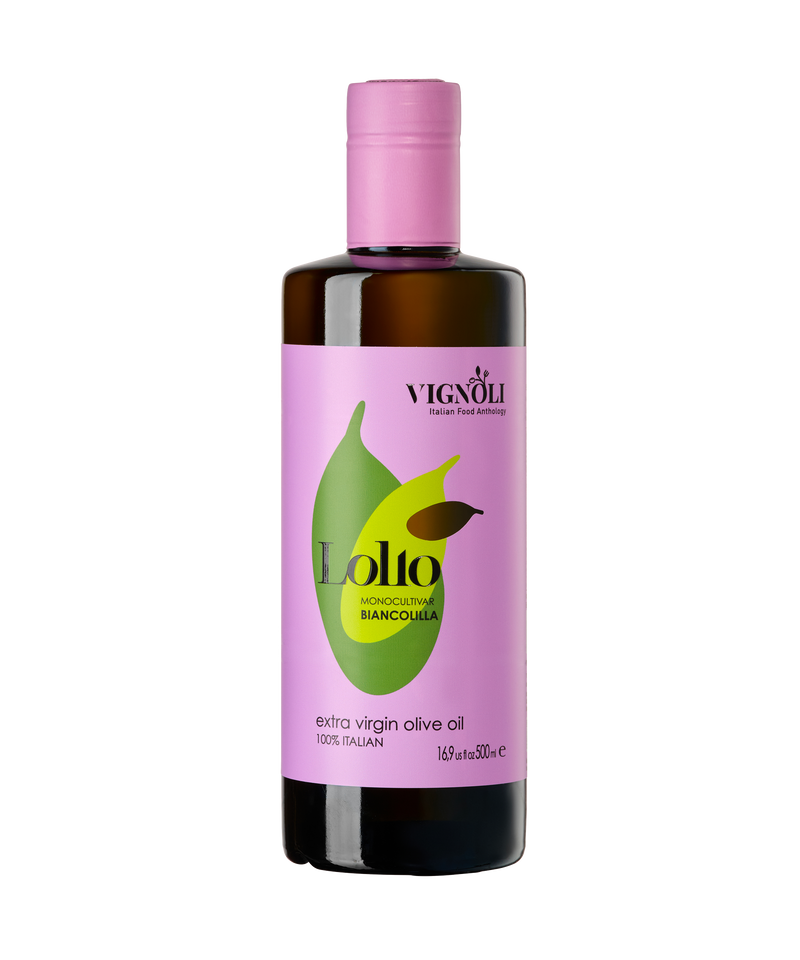 Vignoli Lollo Monocultivar Biancolilla Extra Virgin Olive Oil front view 16.9oz bottle