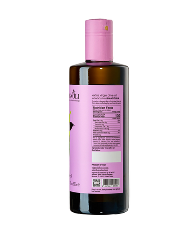 Biancolilla Monocultivar Extra Virgin Olive Oil back of 16.9fl oz bottle