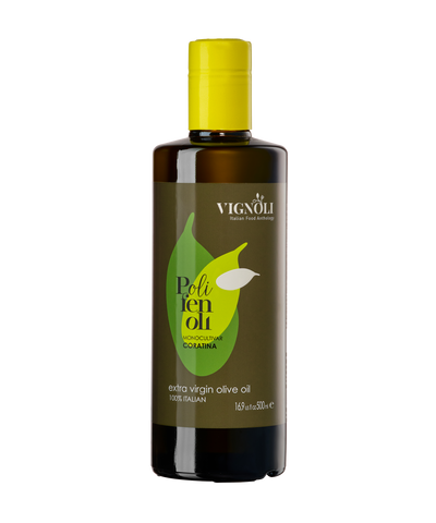 Vignoli Puglia Lollo Monocultivar EVOO's Duo front of Coratina 16.9oz bottle