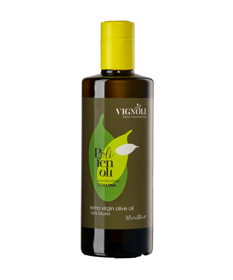 Vignoli The Healthy Pair: Organic & High Polyphenol Extra Virgin Olive Oils front of 16.9oz Coratina bottle