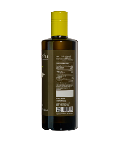 Coratina Monocultivar Extra Virgin Olive Oil back of 16.9oz bottle