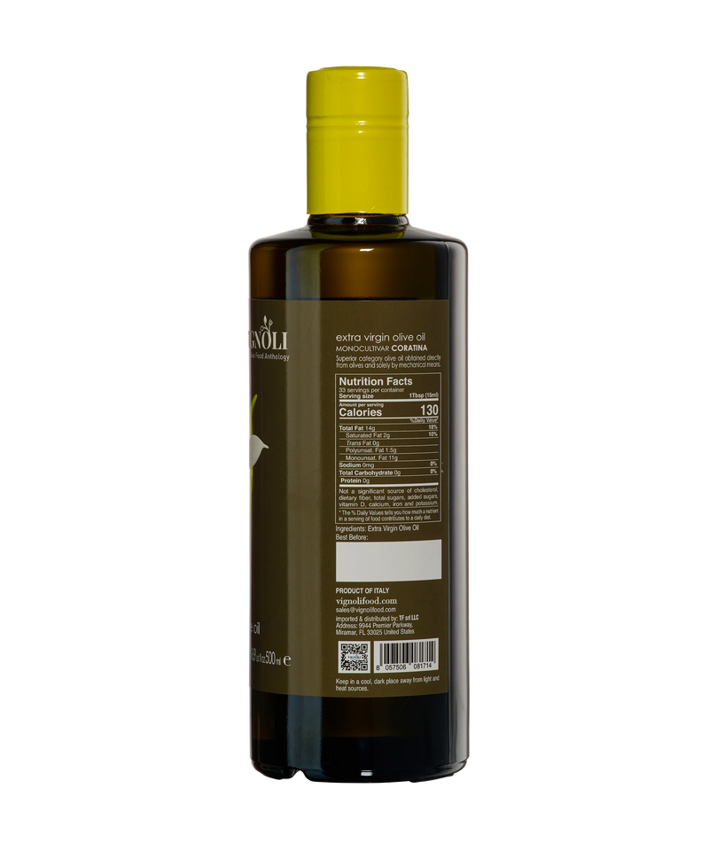Coratina Monocultivar Extra Virgin Olive Oil back of 16.9oz bottle