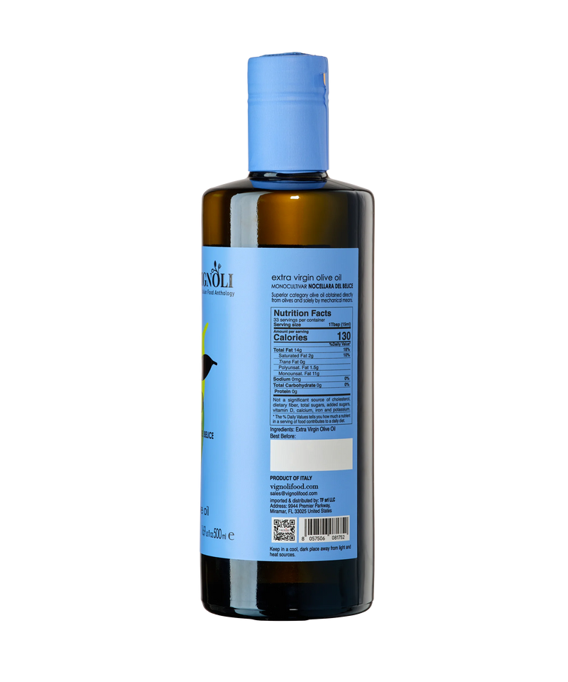 Vignoli Nocellara del Belice Monocultivar Extra Virgin Olive Oil back of 16.9oz bottle with nutrition facts