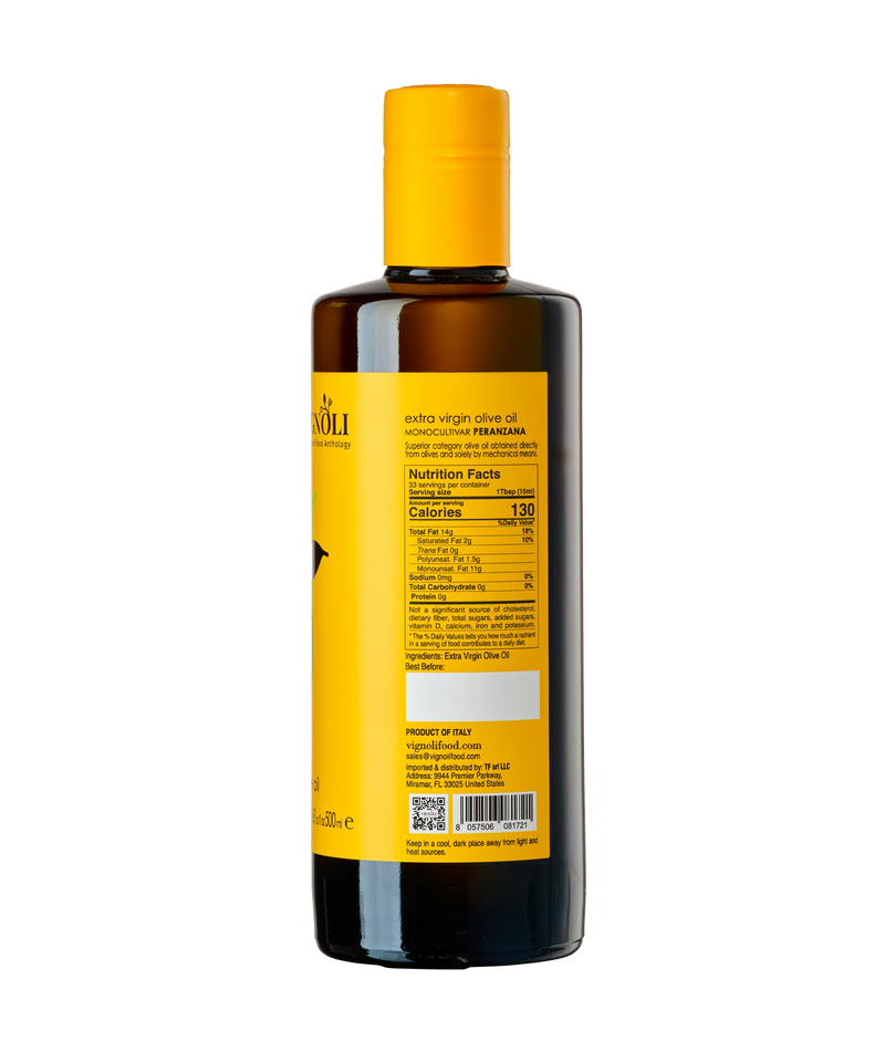 Vignoli Peranzana Monocultivar Extra Virgin Olive Oil back of 16.9oz bottle with nutrition facts