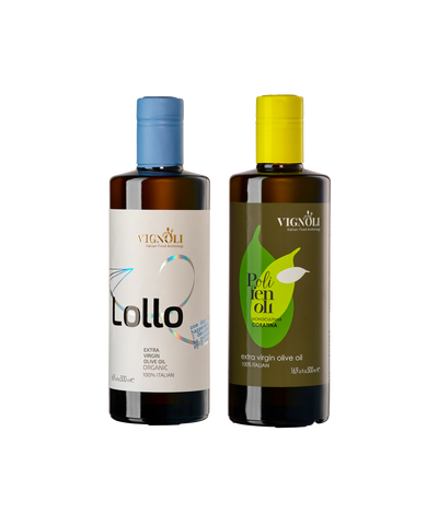 Vignoli The Healthy Pair: Organic & High Polyphenol Extra Virgin Olive Oils front of 16.9oz bottles
