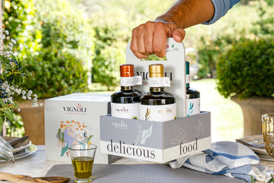 Vignoli PREMIUM Italian Extra Virgin Olive Oil & Balsamic Vinegar Serving Set front of bottles in box being lifted
