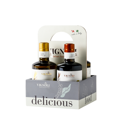 Vignoli PREMIUM Italian Extra Virgin Olive Oil & Balsamic Vinegar Serving Set front of bottles in box