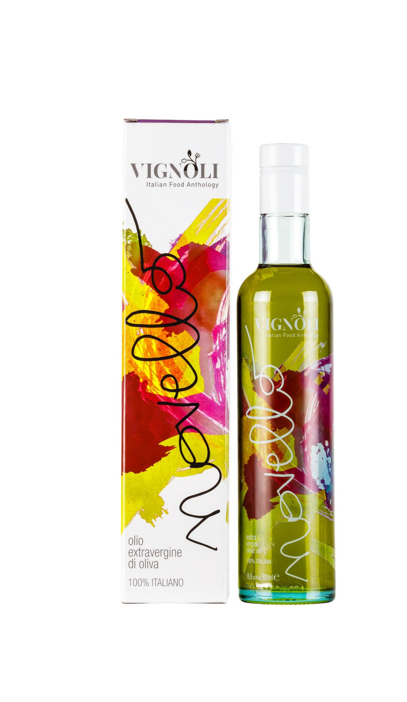 Vignoli Novello Extra Virgin Olive Oil front of 16.9oz bottle with packaging box beside