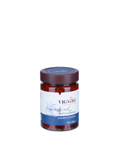 Vignoli Dried Tomatoes in Olive Oil front of 10.22oz jar