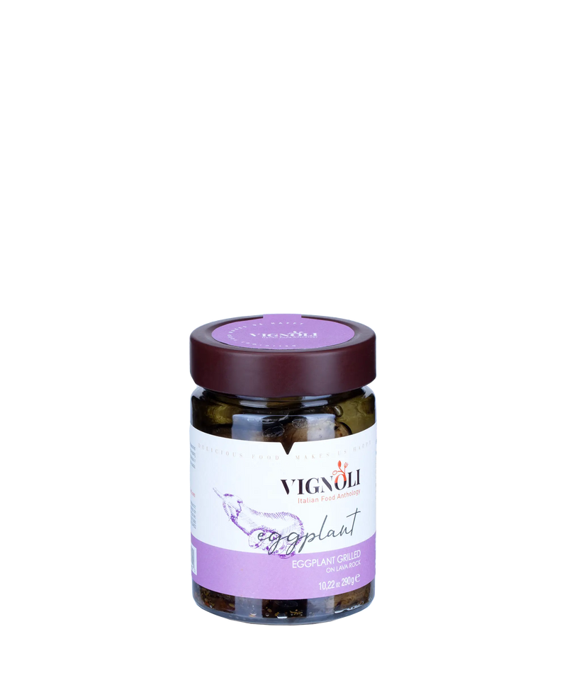 Vignoli Buy Grilled Eggplants in Extra Virgin Olive Oil front view of 10.22oz jar