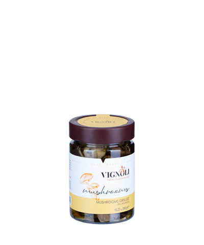 Vignoli Grilled Mushrooms in Olive Oil front of 10.22oz jar