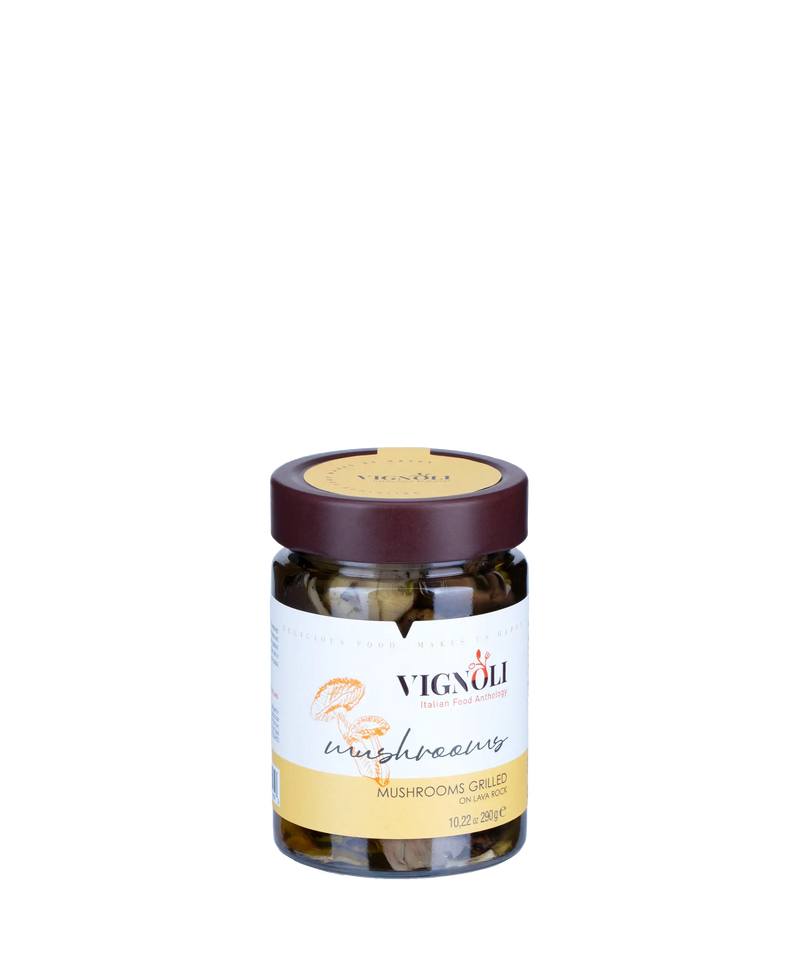 Vignoli Grilled Mushrooms in Olive Oil front of 10.22oz jar