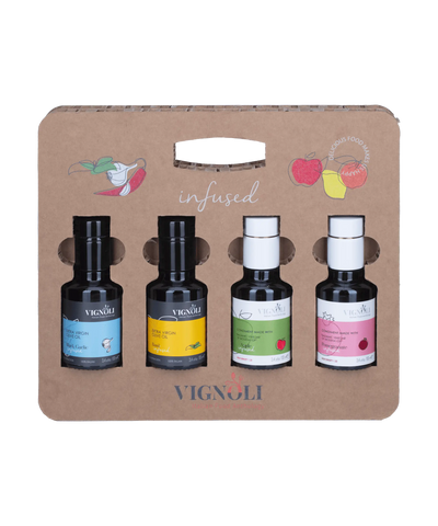 Vignoli Zesty & Tart: Infused Olive Oil & Balsamic Vinegar Gift Set front of set with bottles