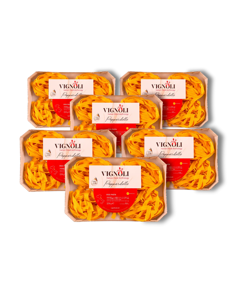 Vignoli Italian Pappardelle Egg Pasta front of 6 pack of 8.8oz box