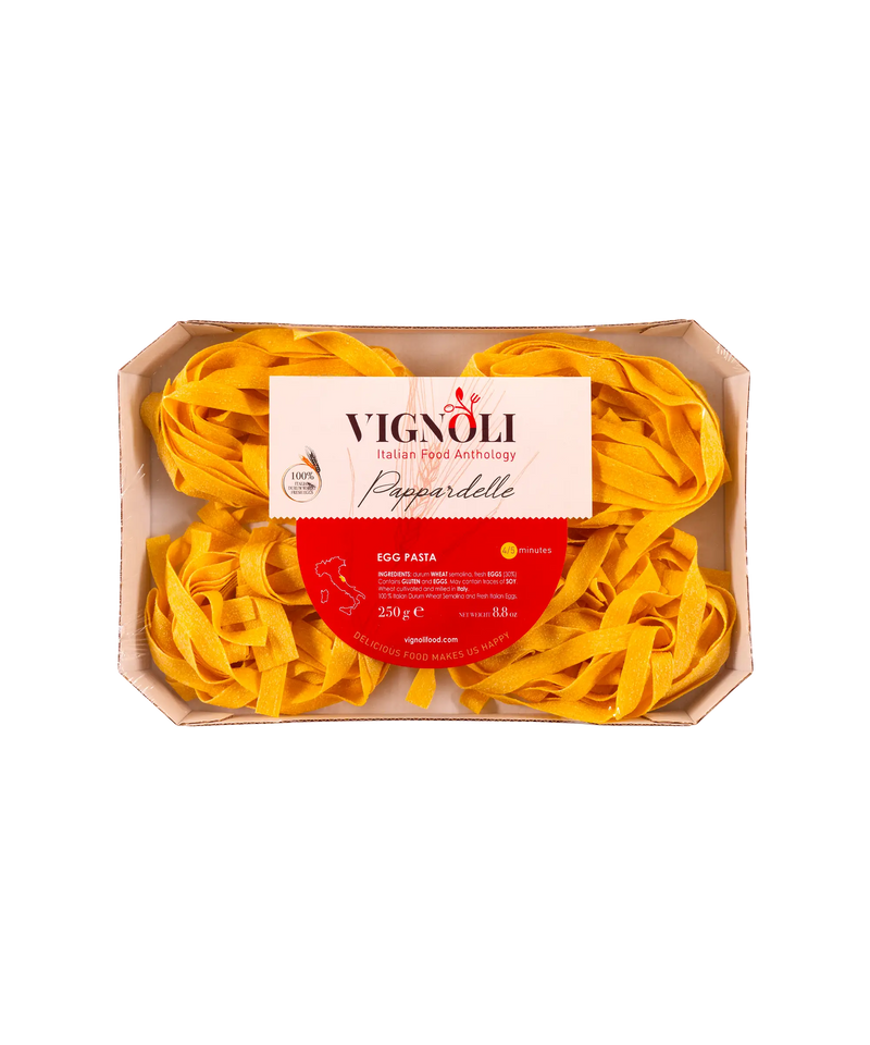 Vignoli Italian Pappardelle Egg Pasta front of 8.8oz box