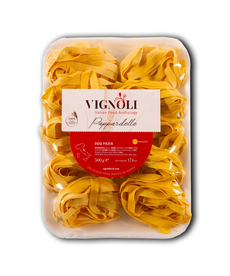 Vignoli Italian Pappardelle Egg Pasta front of 17.6oz box