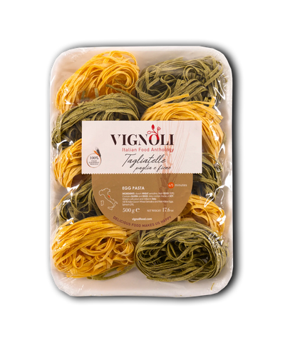 Vignoli Spinach Tagliatelle Italian Egg Pasta front of 17.6oz pack