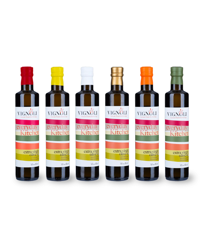 Extra Virgin Olive Oil - Everyday Kitchen front of 16.9oz bottles with various colors