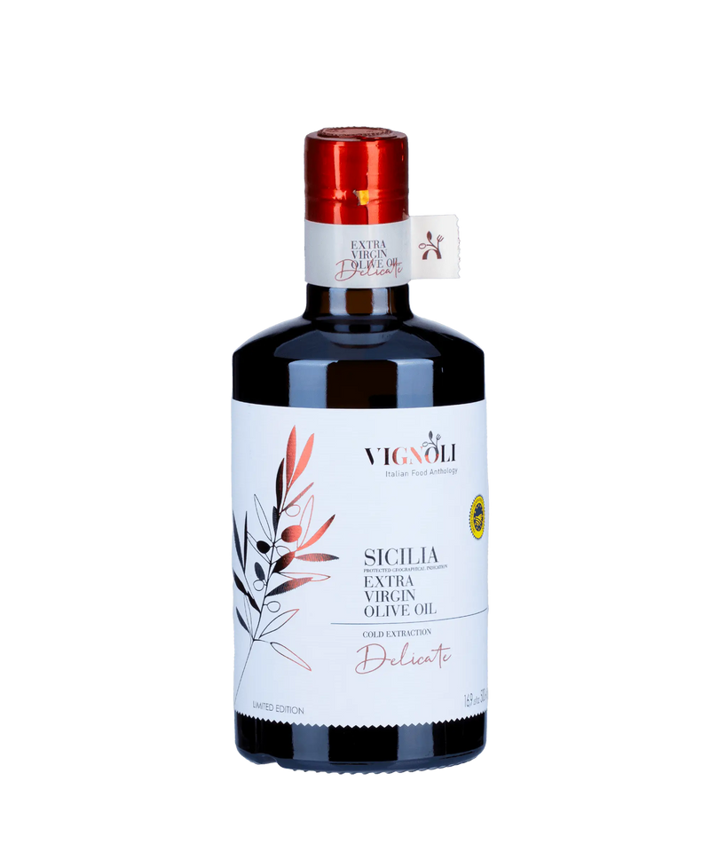 Vignoli Extra Virgin Olive Oil IGP Sicilia - Delicate front of 16.9oz bottle