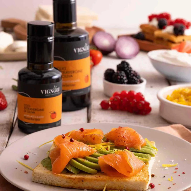 Vignoli Mandarin Infused Extra Virgin Olive Oil front of 8.5oz bottle with salmon avocado toast
